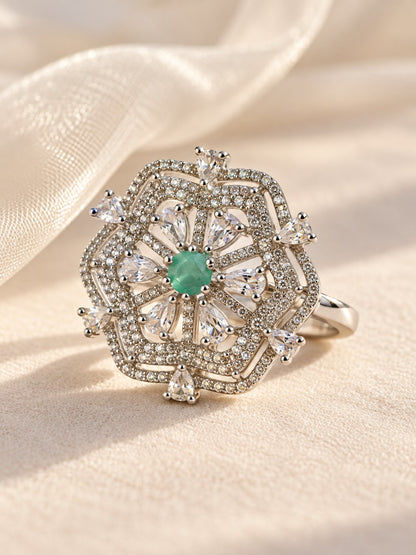 Mint Green Round Center Geometric Flower Ring - Silver Plated - alternate view