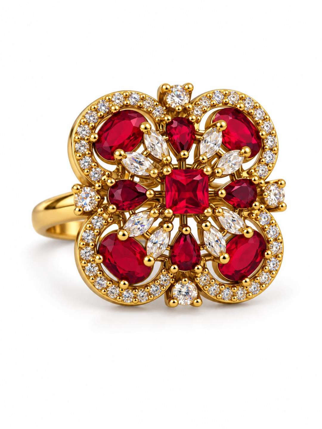 Red Stone Four Leaf Clover Cluster Ring - Gold Plated, additional view 1