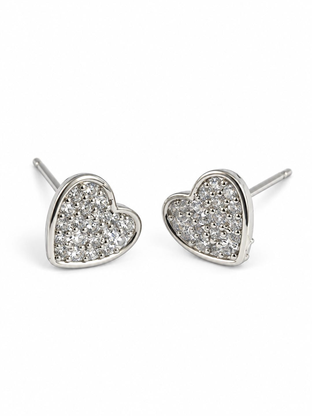 Clear Pave Heart Stud Earrings, silver plated, alternate product view