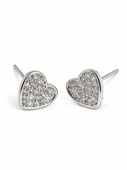 Clear Pave Heart Stud Earrings, silver plated, alternate product view