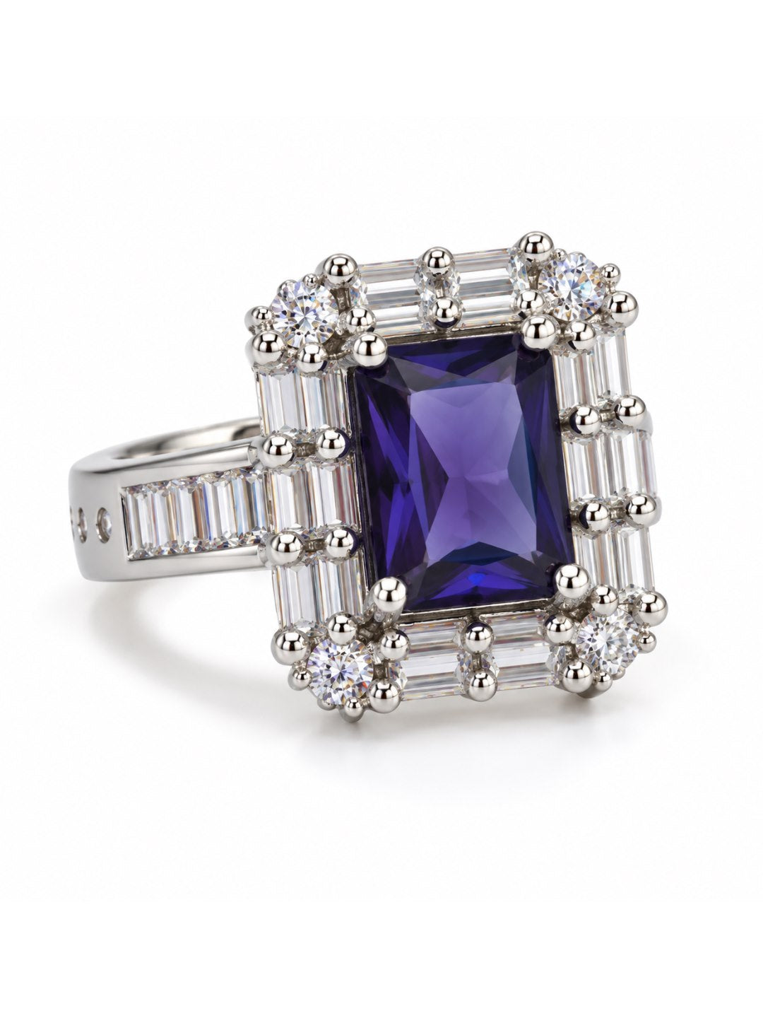 Purple Center Stone Baguette Halo Ring - Silver Plated product image