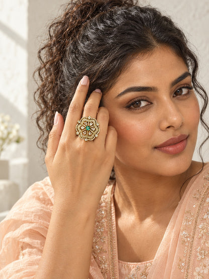 Sea Green Stone Scalloped Floral Halo Ring - Gold Plated, additional view 3