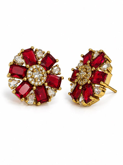 Red Baguette Petal Floral Stud Earrings - Gold Plated