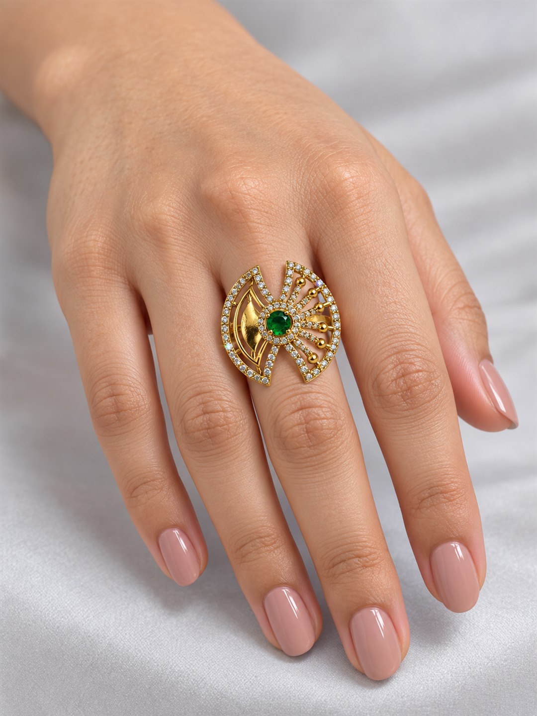 Green Stone Openwork Fan Ring - Gold Plated, model close-up
