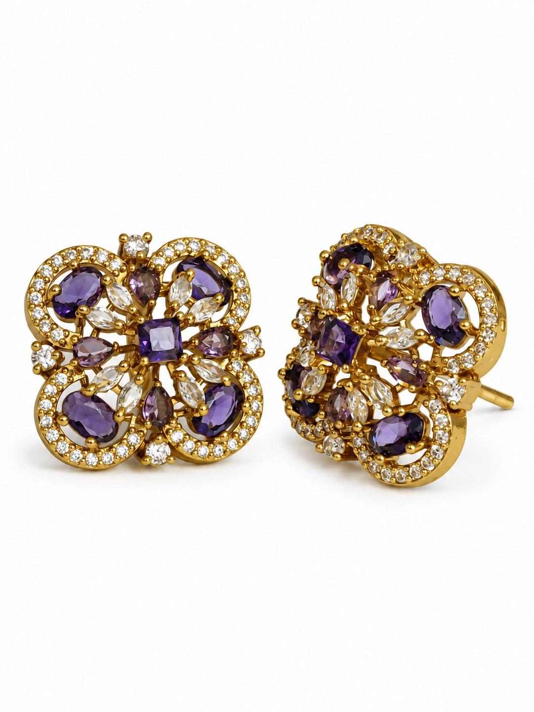 Purple Four Petal Oval Stone Stud Earrings - Gold Plated