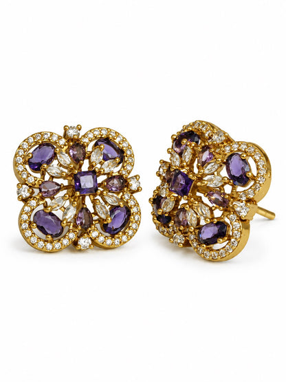 Purple Four Petal Oval Stone Stud Earrings - Gold Plated