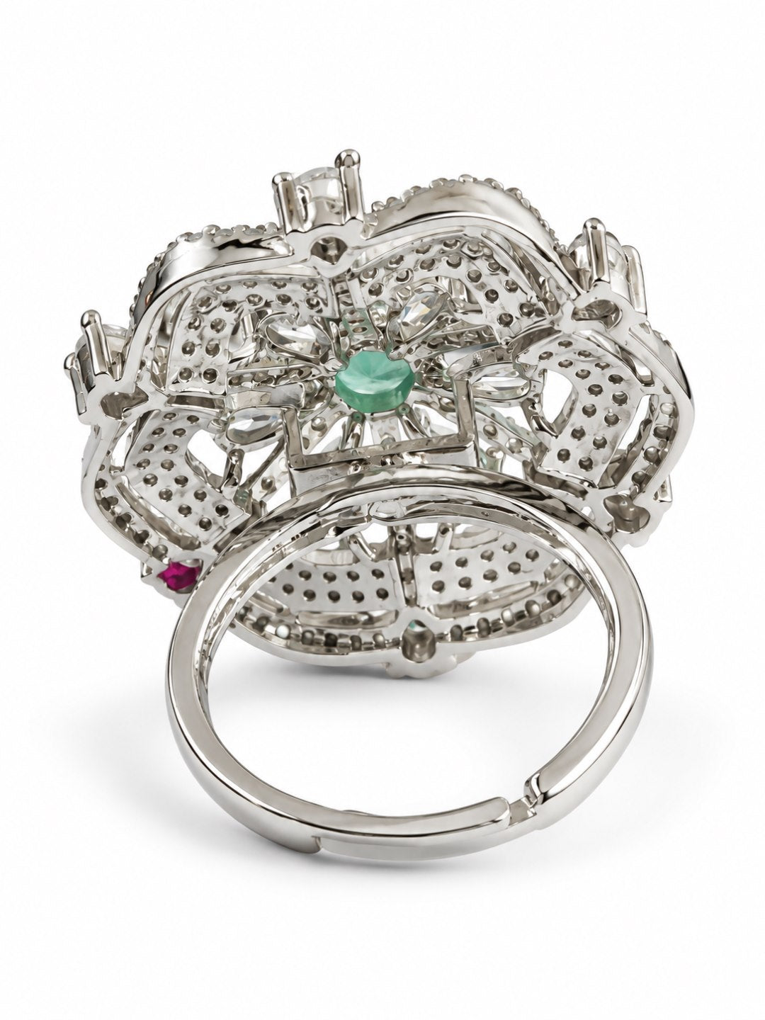 Mint Green Round Center Geometric Flower Ring - Silver Plated - alternate view