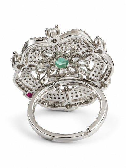 Mint Green Round Center Geometric Flower Ring - Silver Plated - alternate view