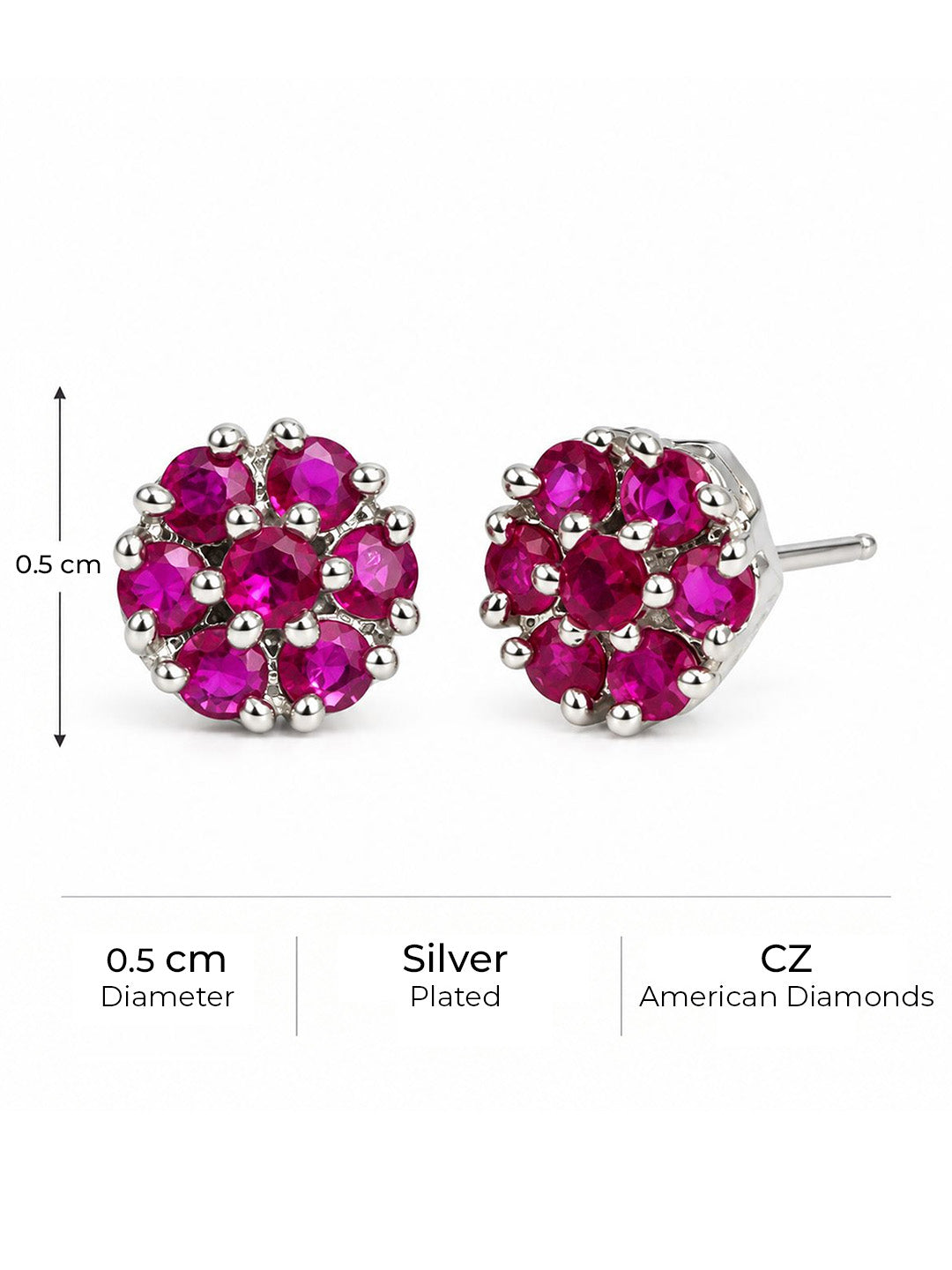 Magenta Stone Floral Cluster Stud Earrings, silver plated, size and plating details
