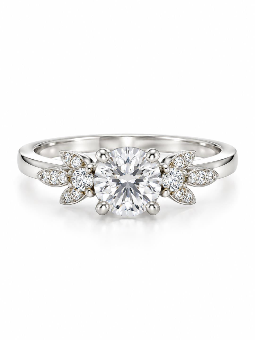 Clear Round Stone Leaf Accent Ring - Silver Plated, image2