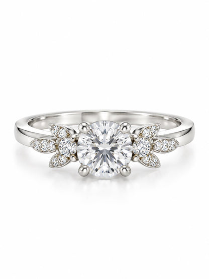 Clear Round Stone Leaf Accent Ring - Silver Plated, image2