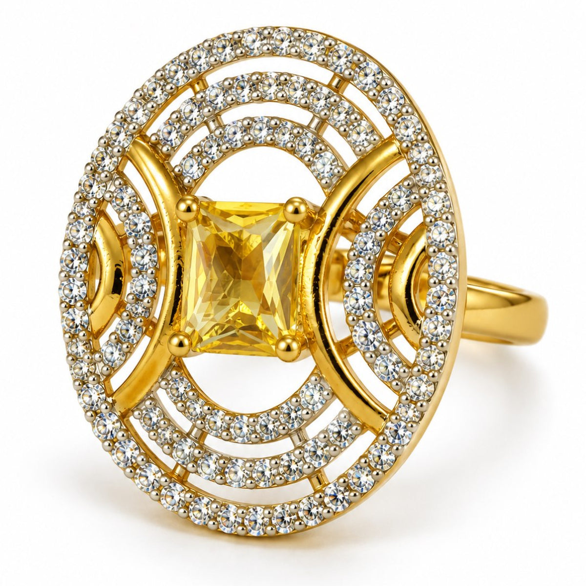 Yellow Center Stone Oval Geometric Halo Ring - Gold Plated
