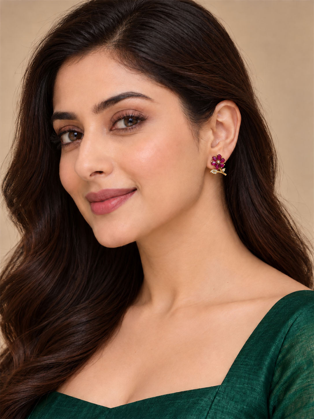 Pink Floral and Leaf Stud Earrings, gold plated, styled on model