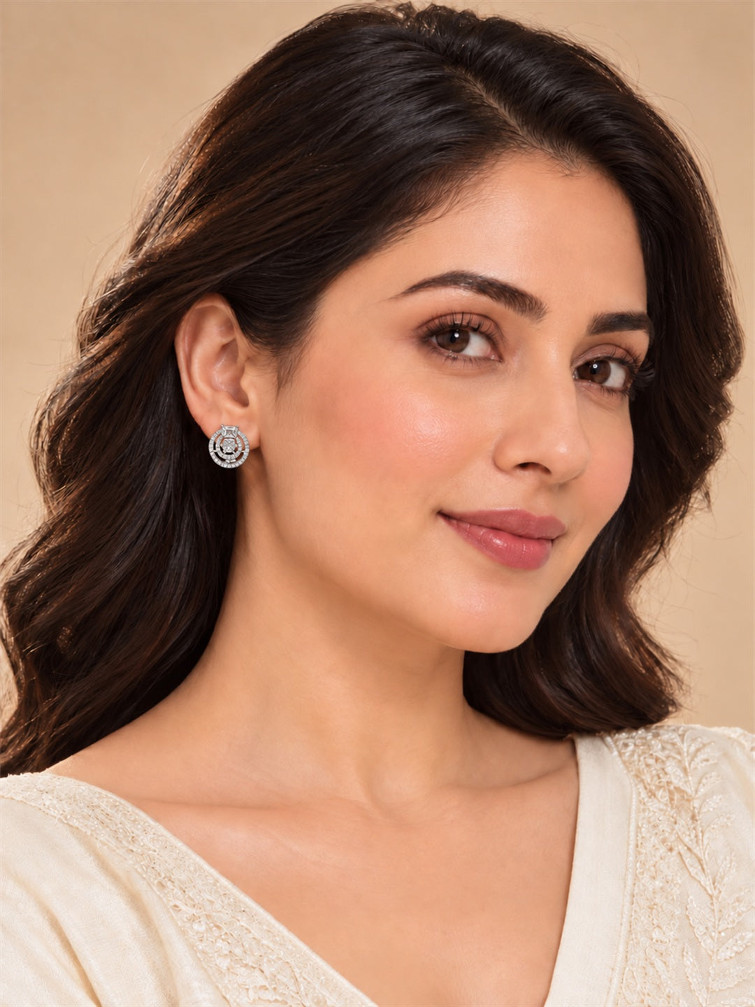 Clear Stone Double Halo Stud Earrings, silver plated, worn on model