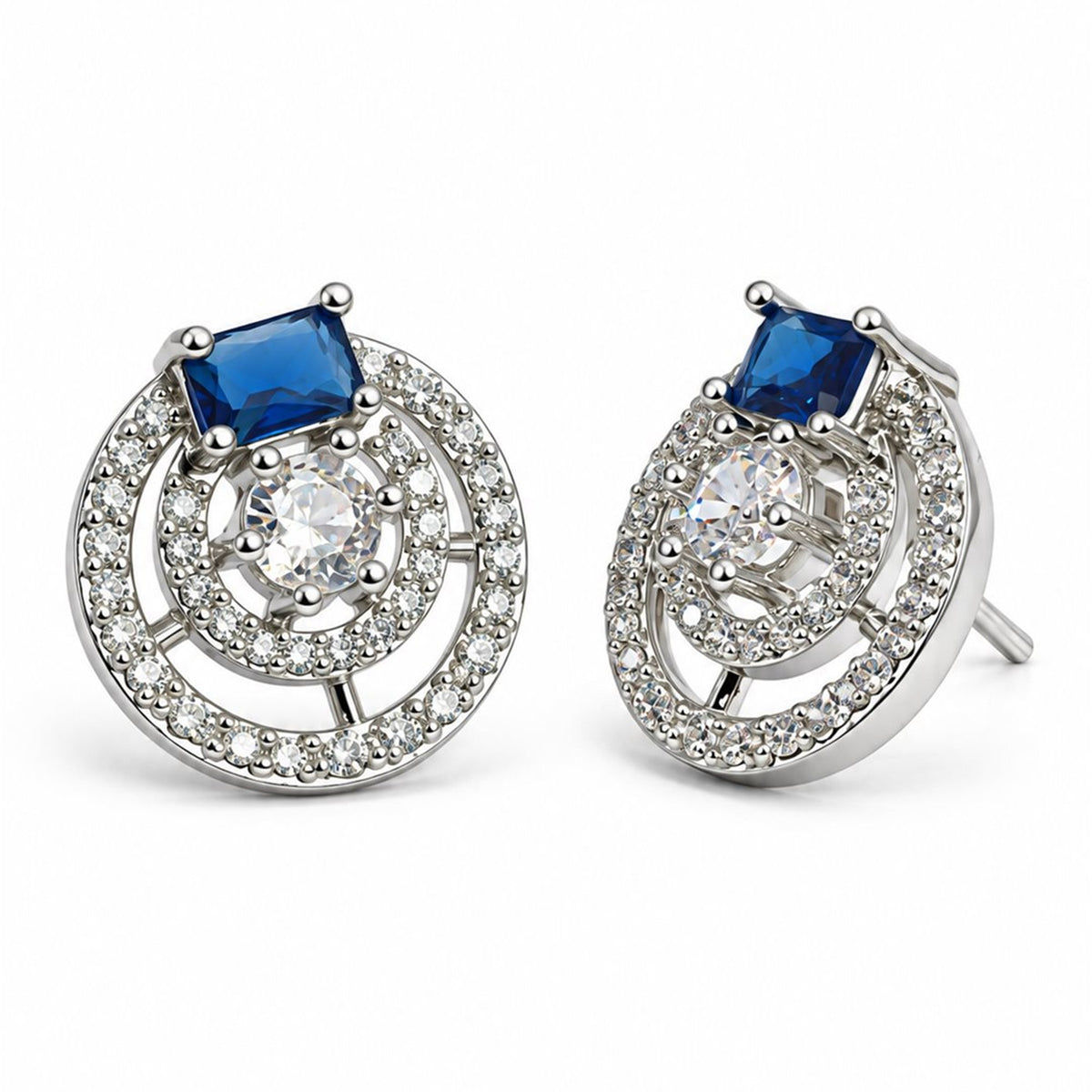 Blue Stone Double Halo Stud Earrings, silver plated