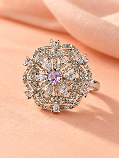 Lavender Round Center Geometric Flower Ring - Silver Plated - alternate view