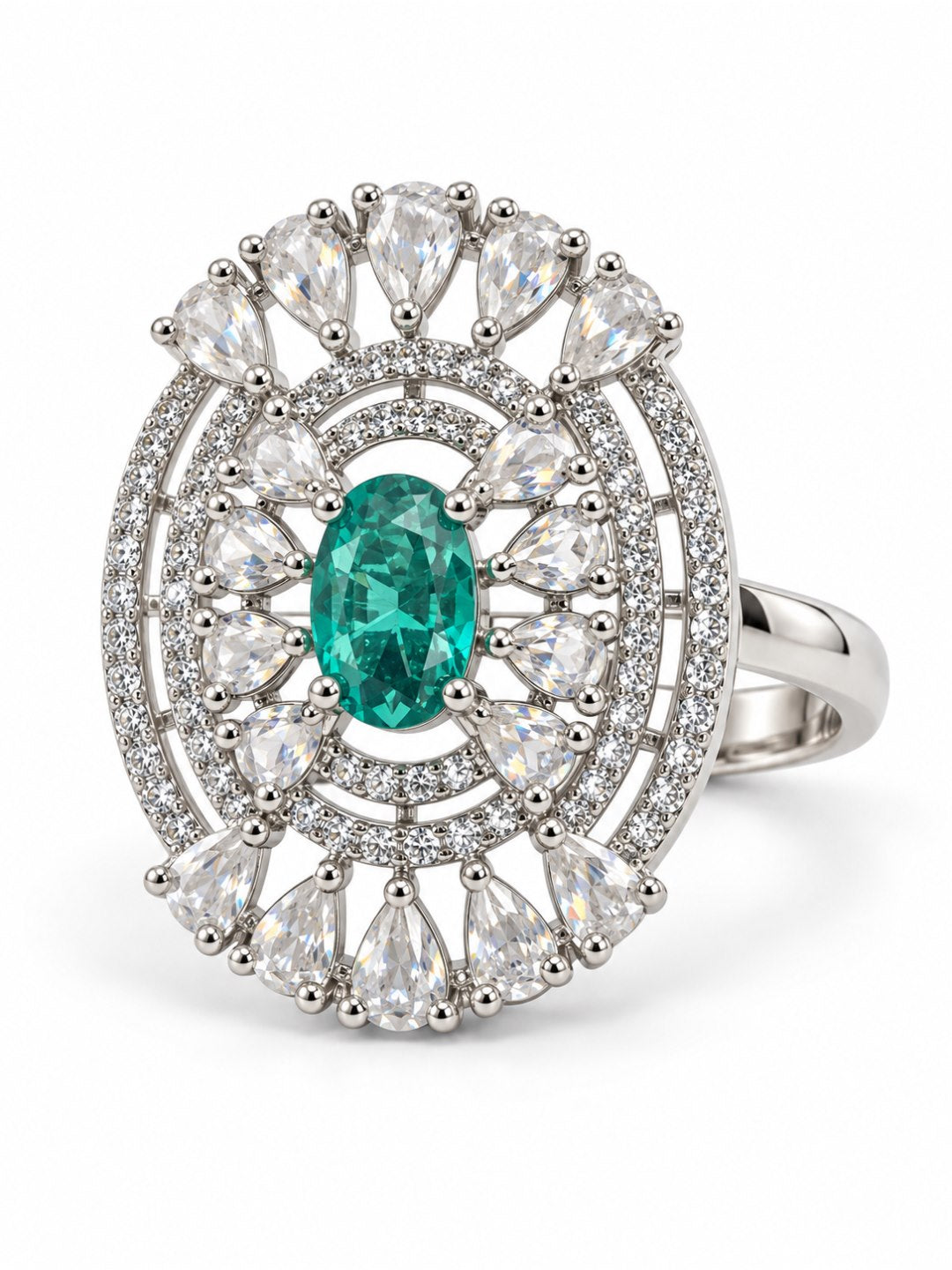 Green Oval Center Halo Ring - Silver Plated - alternate view