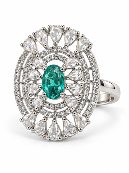 Green Oval Center Halo Ring - Silver Plated - alternate view