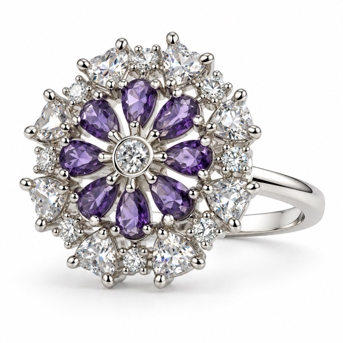 Purple Petal Halo Flower Ring - Silver Plated - product view