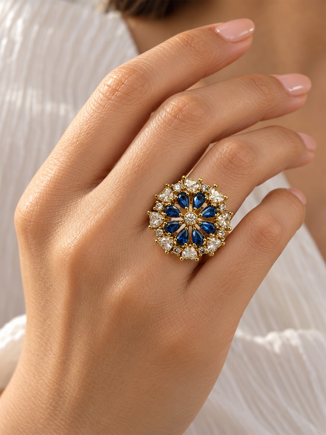 Blue Stone Teardrop Floral Cluster Ring - Gold Plated, model close-up