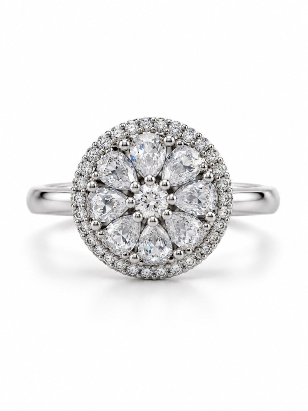 Clear Round Floral Cluster Ring - Silver Plated