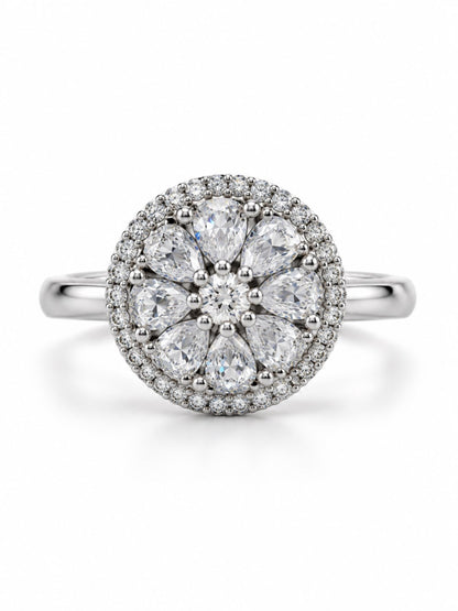 Clear Round Floral Cluster Ring - Silver Plated