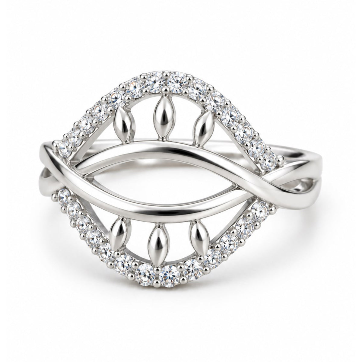 Clear Double Leaf Openwork Ring - Silver Plated