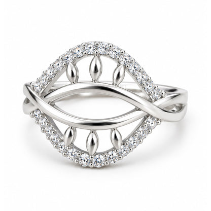 Clear Double Leaf Openwork Ring - Silver Plated