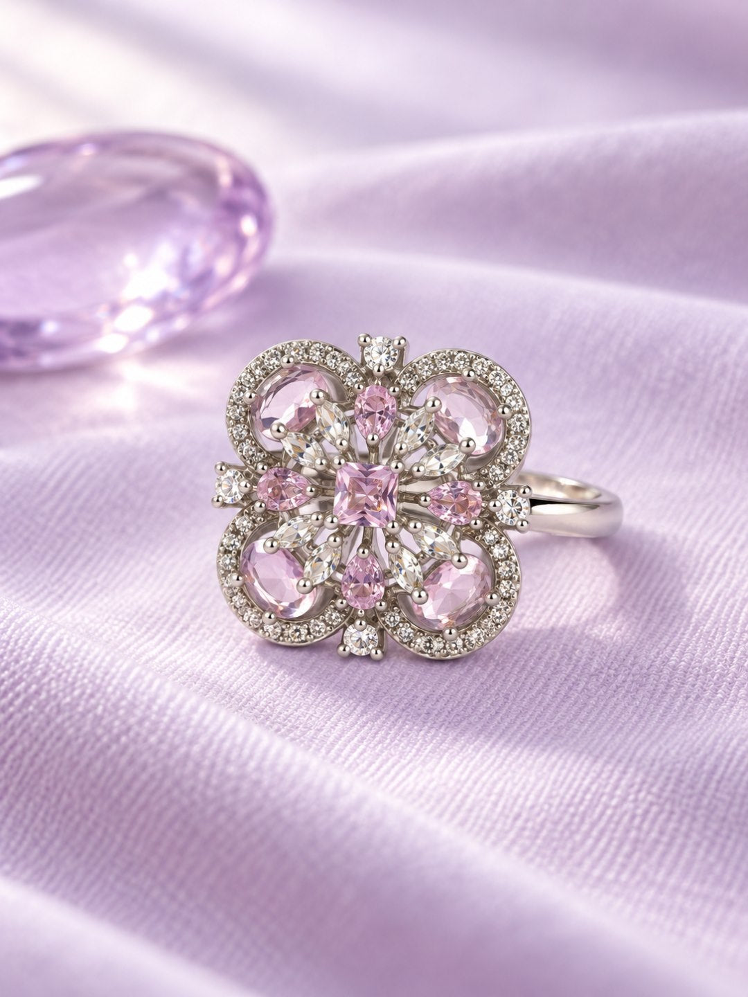 Pink Square Center Quatrefoil Ring - Silver Plated - alternate view