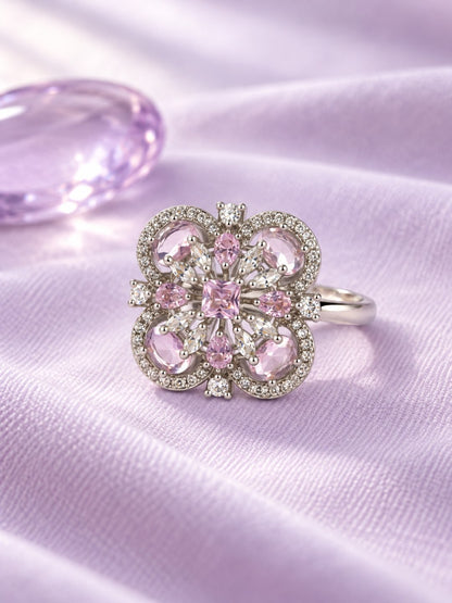 Pink Square Center Quatrefoil Ring - Silver Plated - alternate view