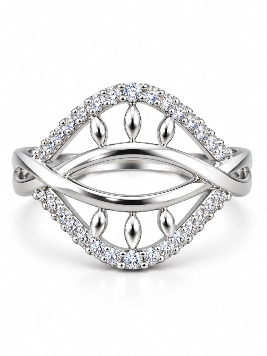 Clear Double Leaf Openwork Ring - Silver Plated