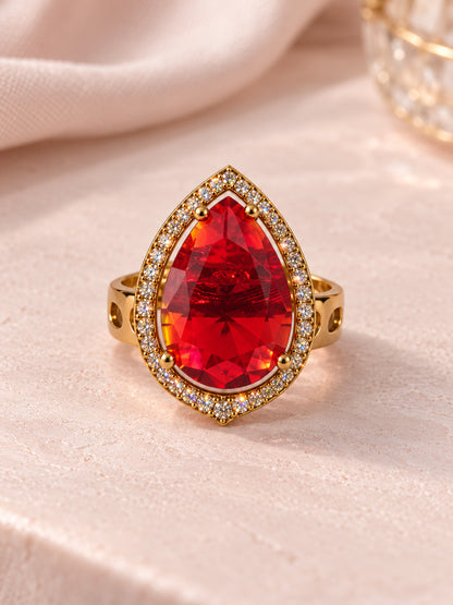 Red Pear Stone Halo Ring - Gold Plated, additional view 3