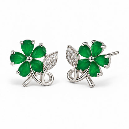 Green Flower and Leaf Stud Earrings, silver plated