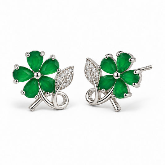 Green Flower and Leaf Stud Earrings, silver plated