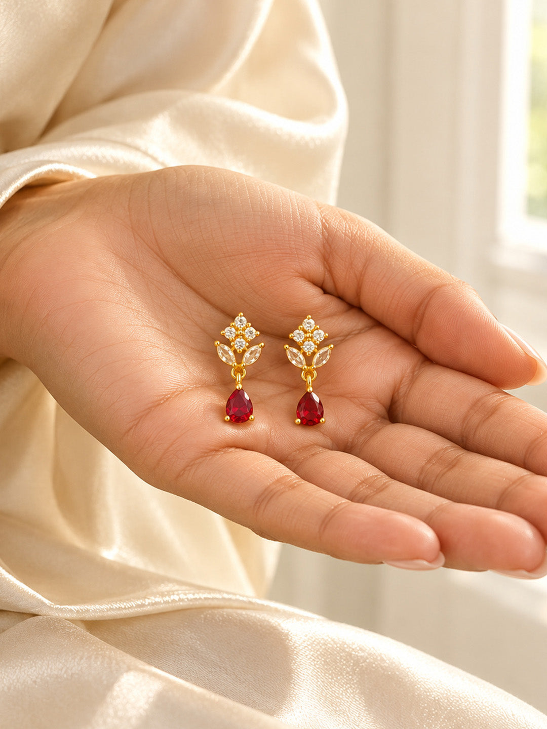 Red Teardrop Floral Drop Earrings - Gold Plated, additional view 4