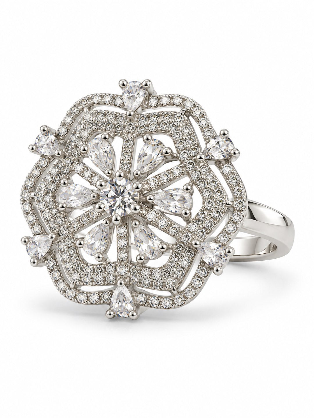 Clear Round Center Geometric Flower Ring - Silver Plated - alternate view