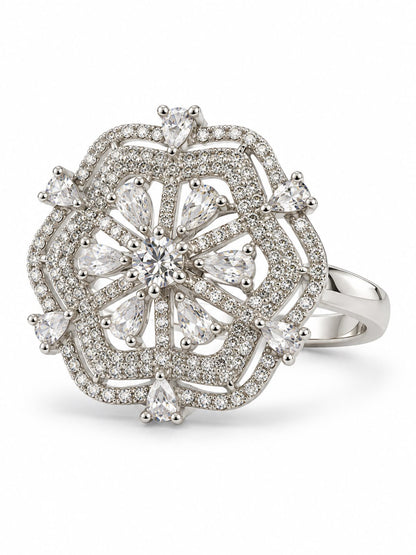 Clear Round Center Geometric Flower Ring - Silver Plated - alternate view