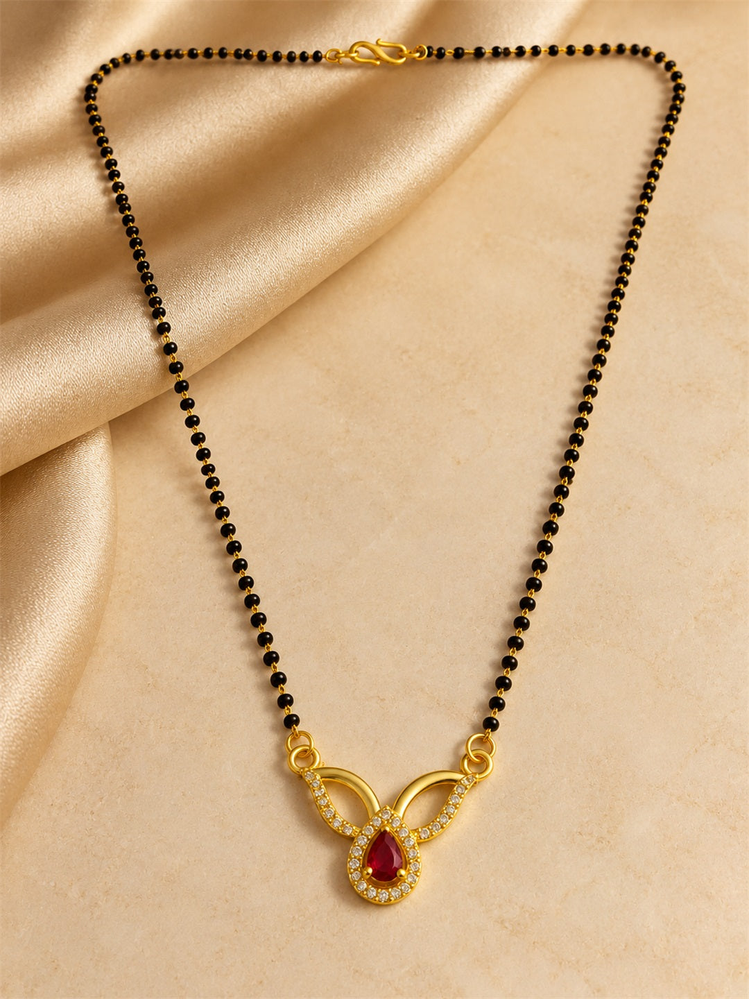 Red teardrop and open leaf gold-plated mangalsutra