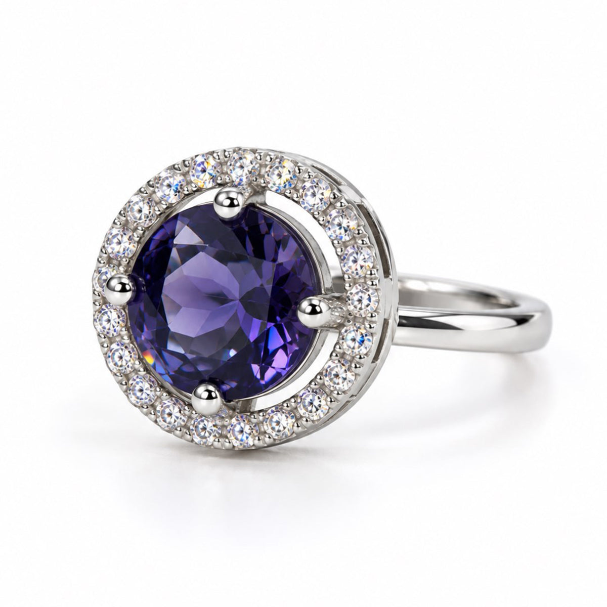 Purple Round Solitaire Halo Ring - Silver Plated