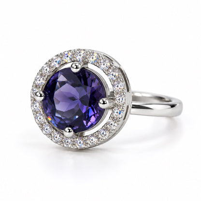 Purple Round Solitaire Halo Ring - Silver Plated