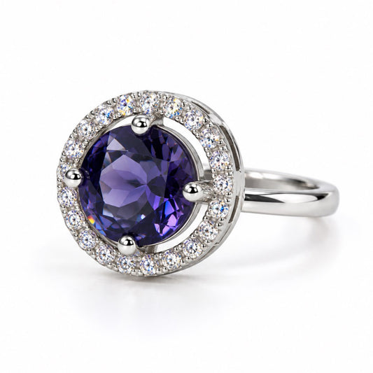 Purple Round Solitaire Halo Ring - Silver Plated
