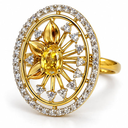 Yellow Center Stone Oval Sunburst Ring - Gold Plated