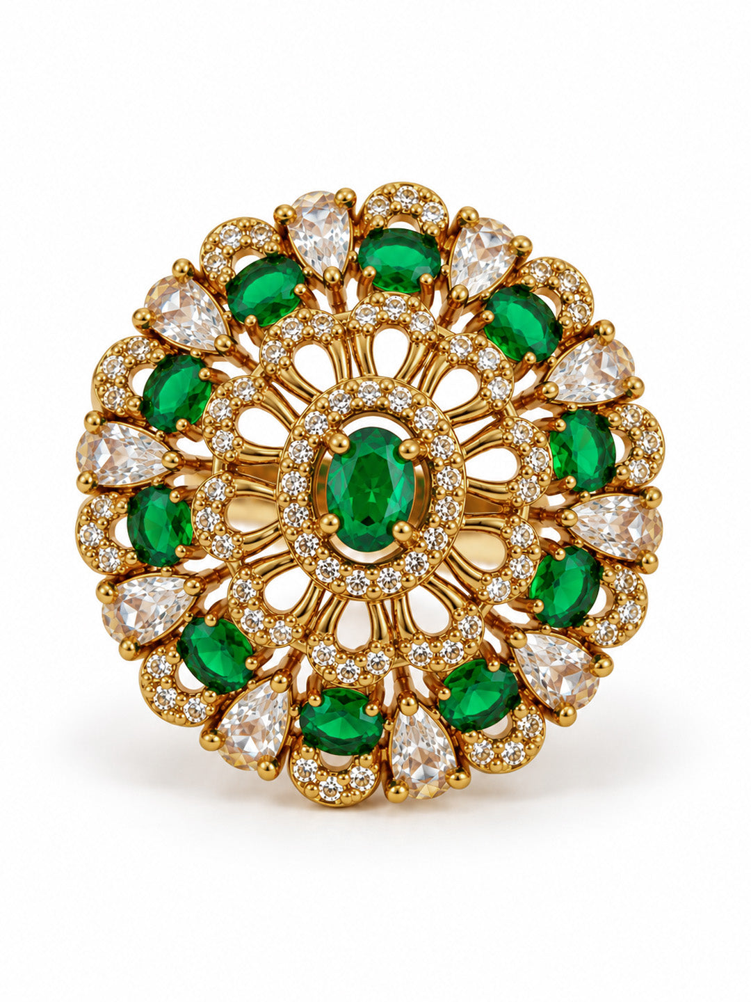 Green Stone Ornate Floral Cluster Ring - Gold Plated, additional view 4