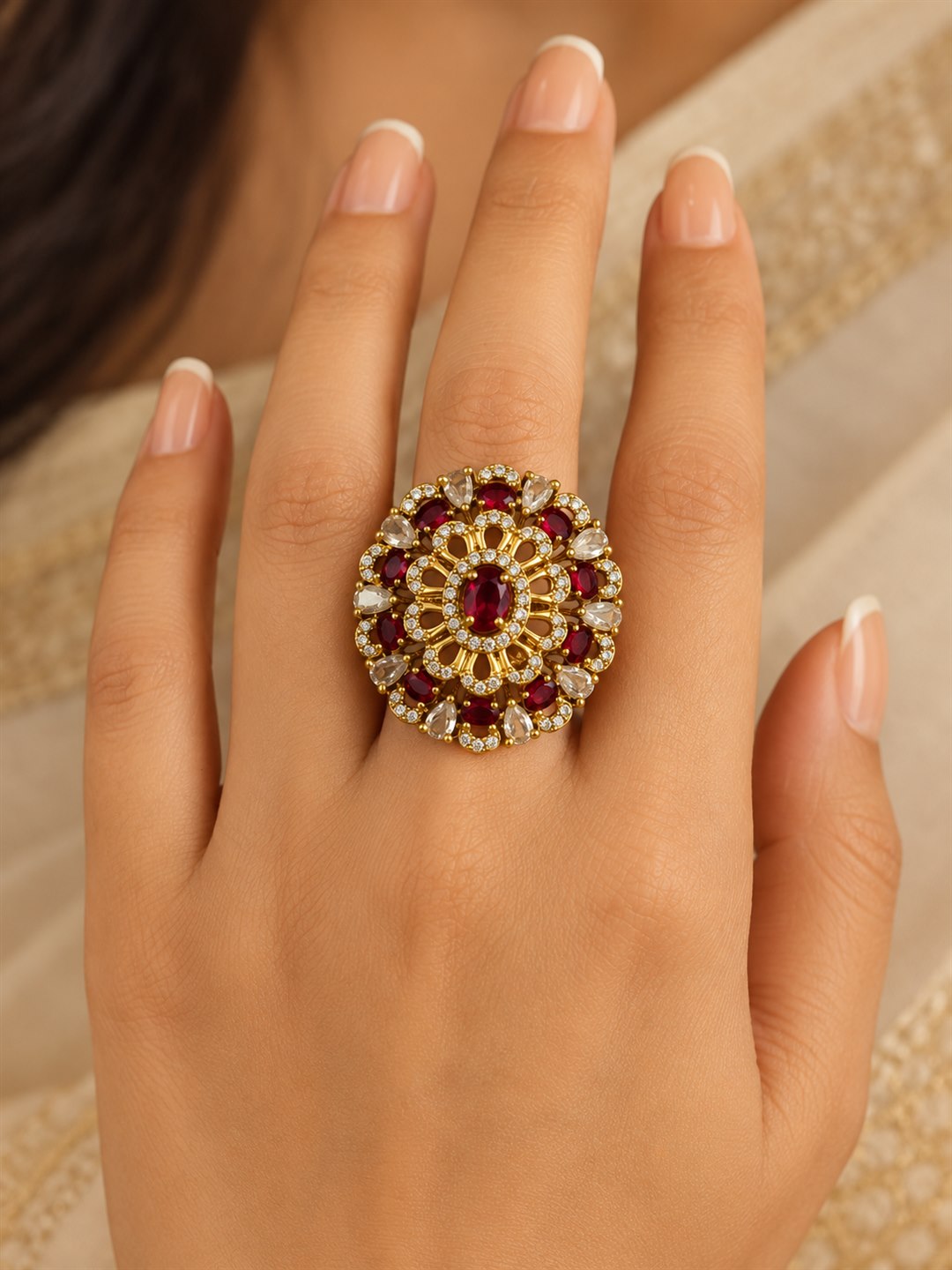Red Stone Ornate Floral Cluster Ring - Gold Plated, model close-up