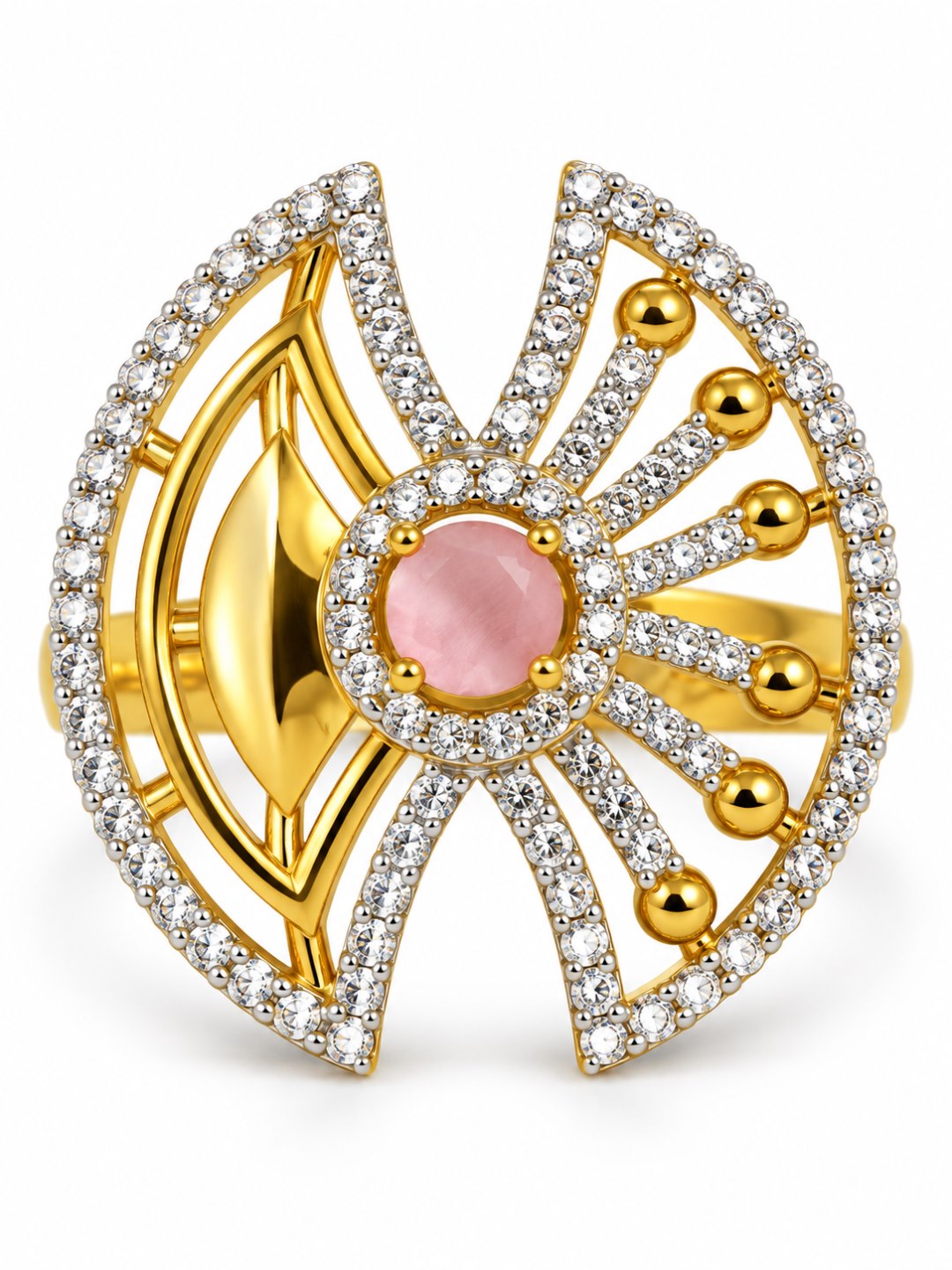 Pink Center Stone Fan Motif Ring - Gold Plated