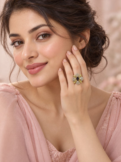 Purple Center Stone Four-Petal Floral Ring - Gold Plated