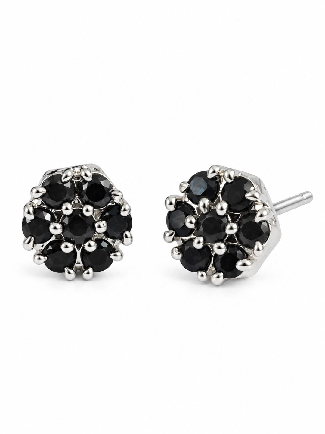Black Stone Floral Cluster Stud Earrings, silver plated, alternate product view