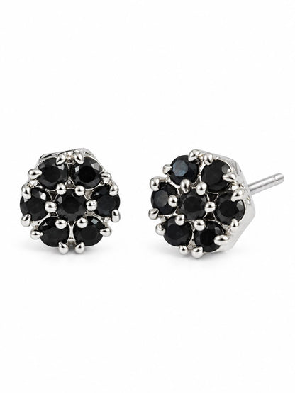 Black Stone Floral Cluster Stud Earrings, silver plated, alternate product view