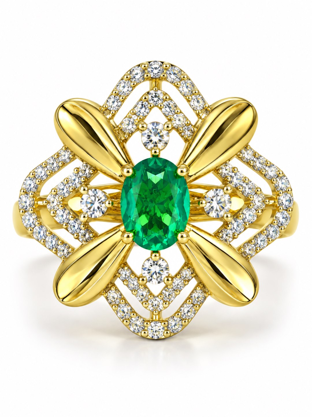 Sea Green Center Stone Four-Petal Floral Ring - Gold Plated