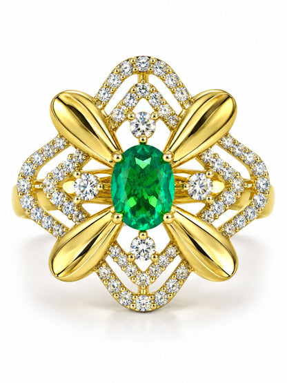 Sea Green Center Stone Four-Petal Floral Ring - Gold Plated